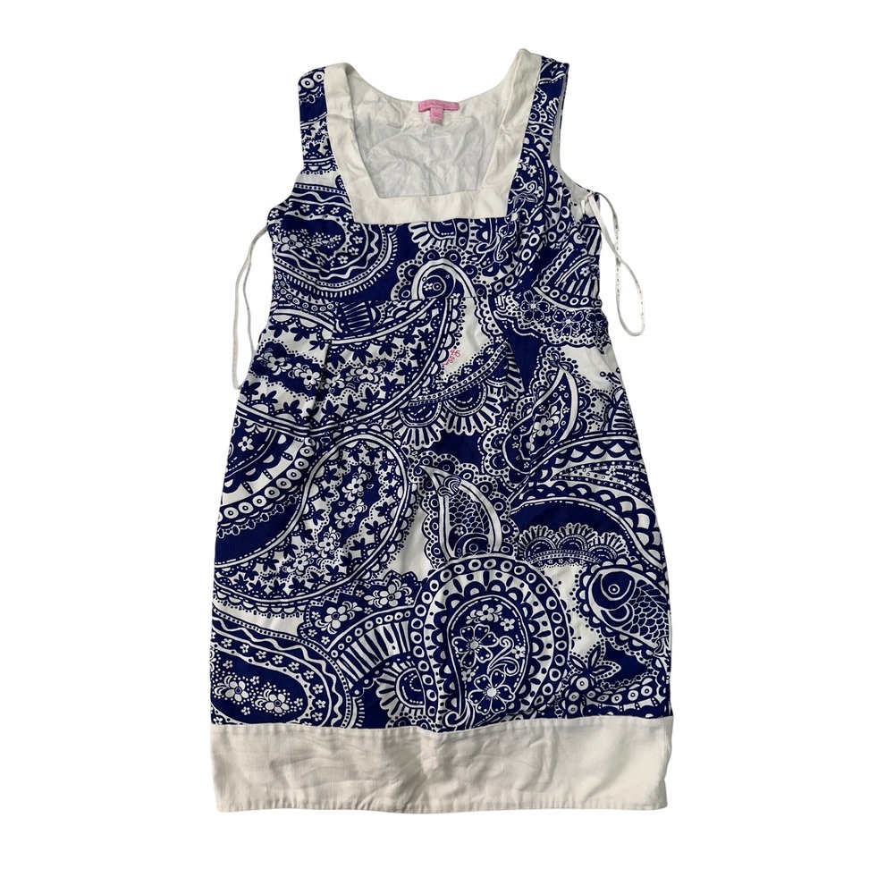Lilly Pulitzer Morgan Shift Dress Blue White Paisley Sleeveless Square Neck 0